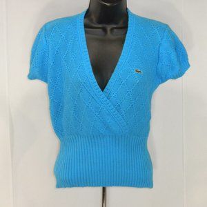 Lacoste Womens Sweater Top 44/Lrg Turquoise Blue Loose Knit V Neck